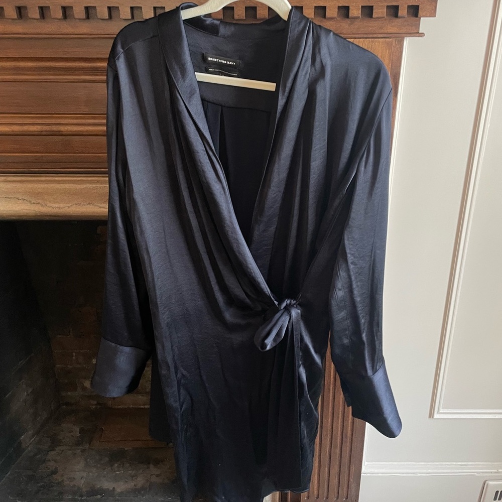 Something Navy Blue Midnight Satin Wrap Dress Medium